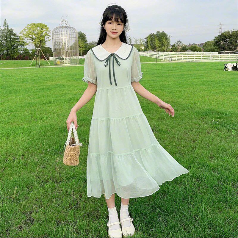 中学生夏季连衣裙少女孩高初生大童白色雪纺过膝长裙子公主裙甜美