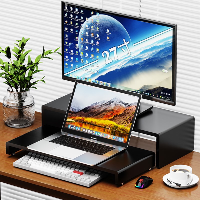 全实木桌子电脑显示器屏幕双层增高架笔记本电脑放置台抬高置物架