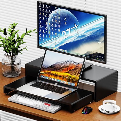 全实木桌子电脑显示器屏幕双层增高架笔记本电脑放置台抬高置物架