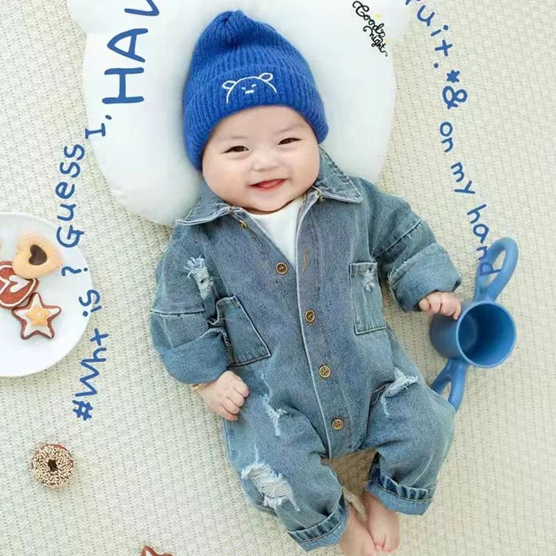 影楼新生婴儿宝宝摄影服装可爱周岁宝宝拍照牛仔套装针织帽子道具
