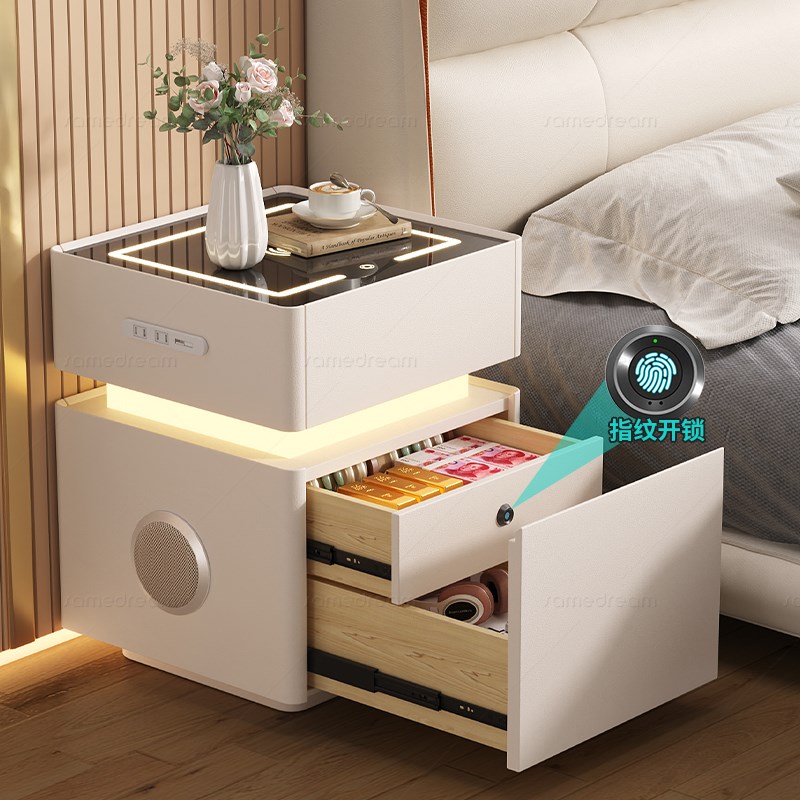 2024新款智能带密码锁床头柜实木简约现代小型多功能收纳卧室音响