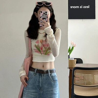 韩系气质印花短款长袖T恤女2025春季新款辣妹独特漂亮修身小上衣