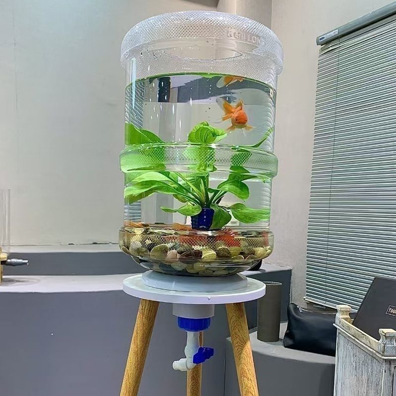 纯净水桶养鱼底部排水鱼缸圆柱形改装生态鱼缸手工创意观赏落地式