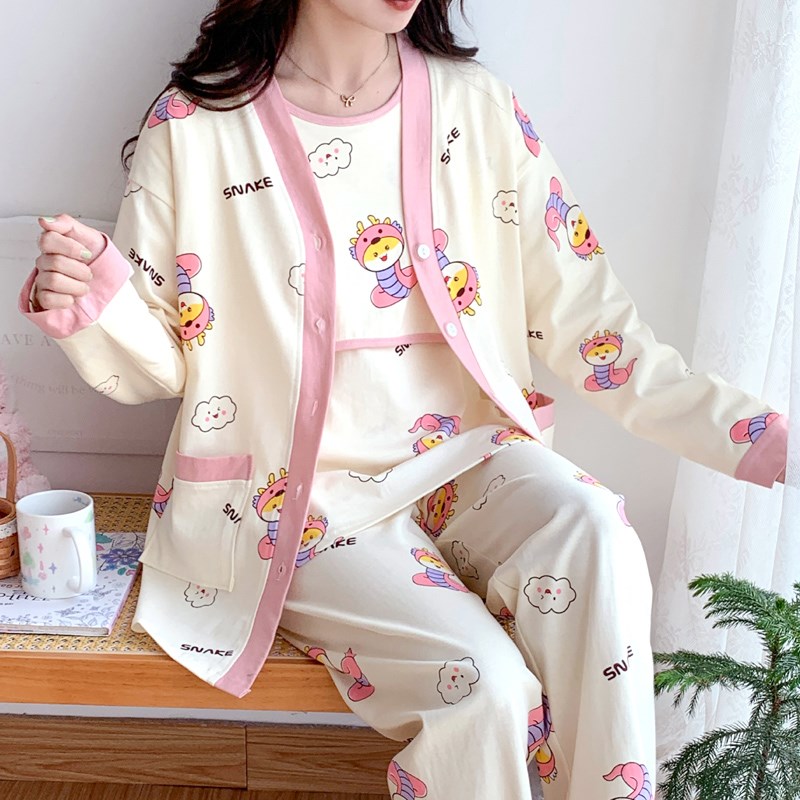 带胸垫孕妇哺乳睡衣三件套月子服春夏季纯棉产后喂奶春秋款4月份5