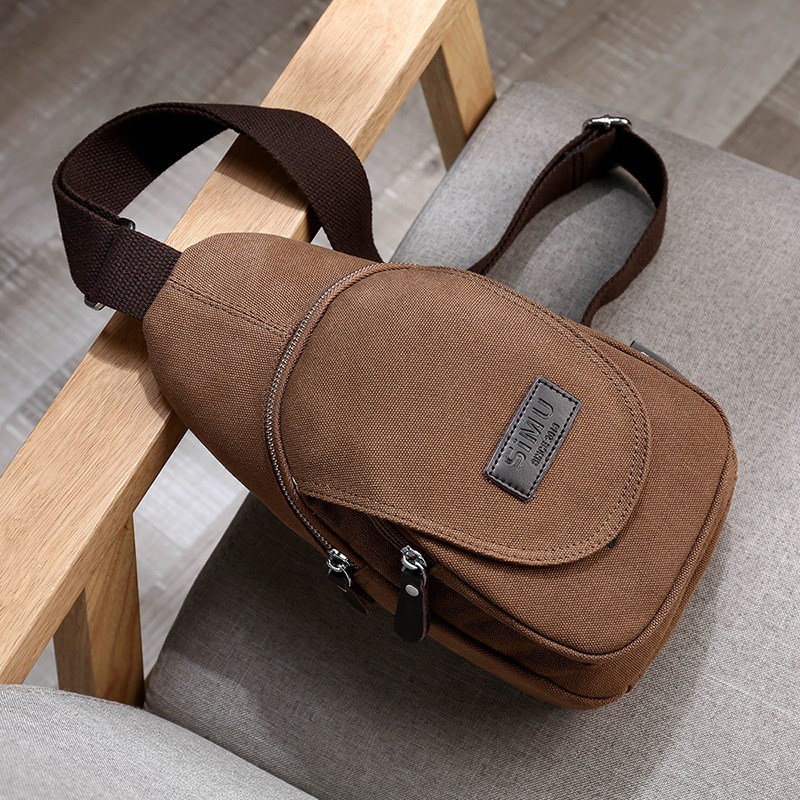 男士胸包帆布斜挎小包休闲运动包复古结实户外旅行包手机包男腰包