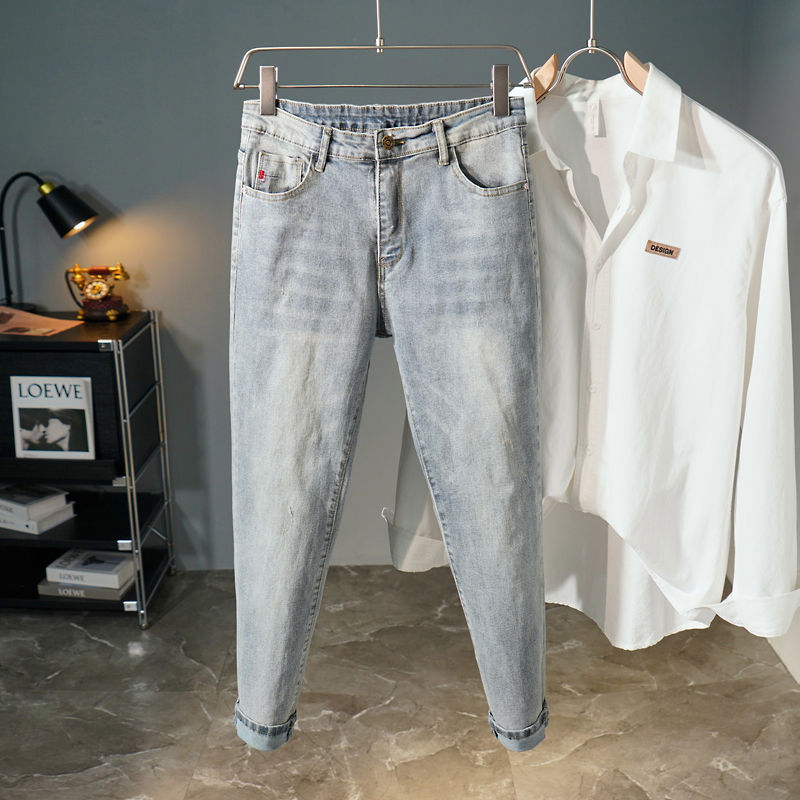 夏季薄9分牛仔裤男款潮流百搭修身小脚长裤简约浅色休闲九分裤子