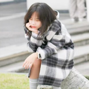 男女童双面羊绒大衣大童儿童连帽羊毛双面绒黑白格子毛呢外套秋冬