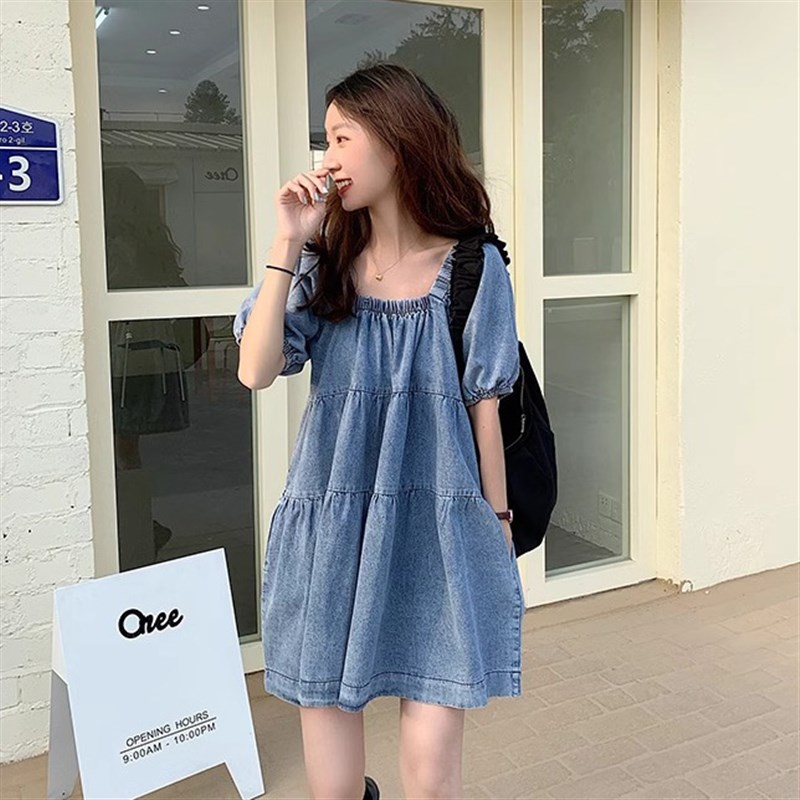 夏季韩版方领孕妇连衣裙泡泡袖牛仔裙2024洋气减龄宽松孕妇娃娃裙