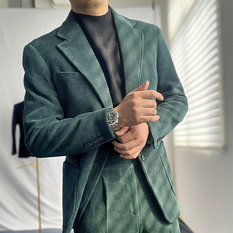 慕绅墨绿色灯芯绒西装套装那不勒斯复古时尚百塔修身纯色休闲西服