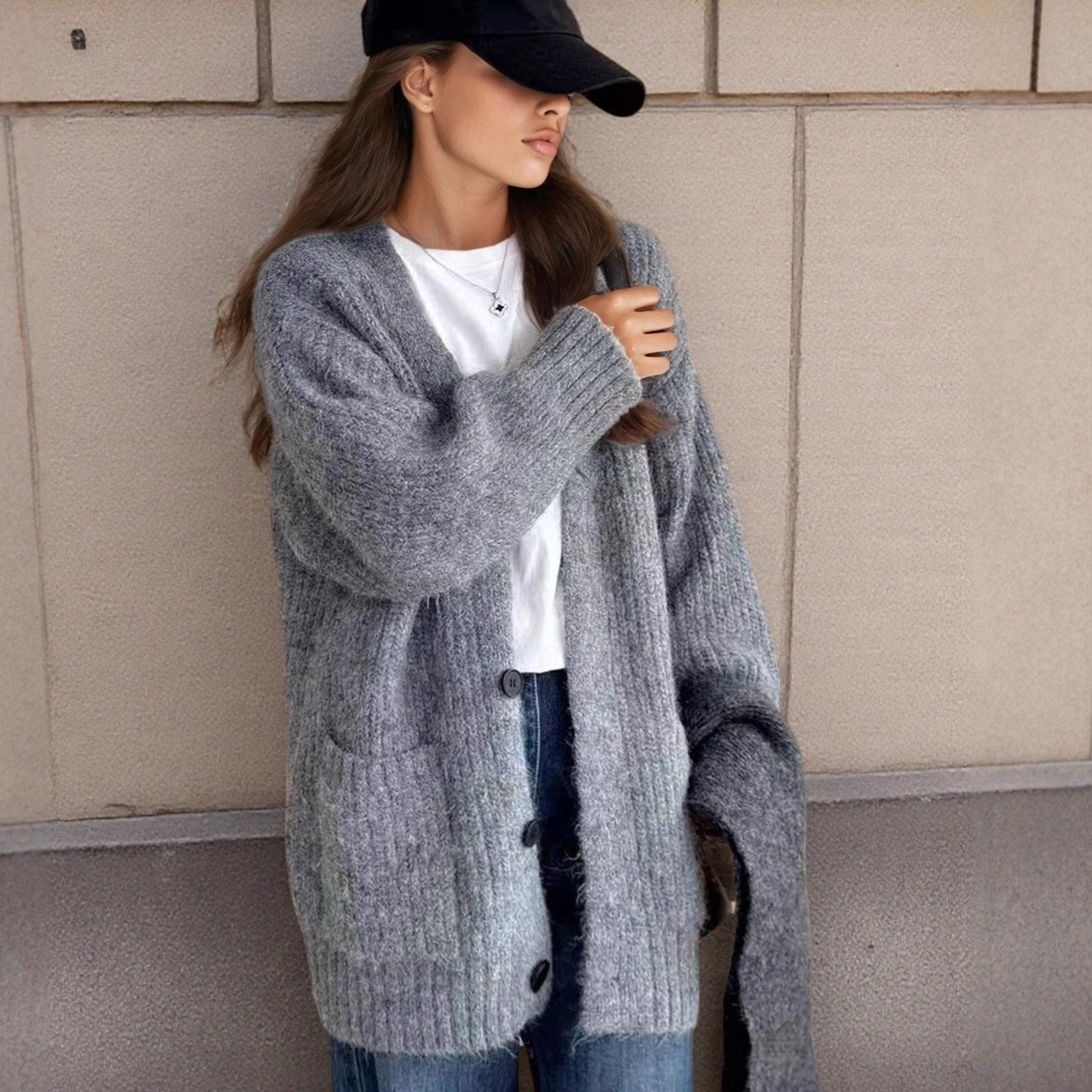 2025欧美跨境秋冬女装新款V领仿羊驼绒百搭开衫毛衣外贸针织衫女