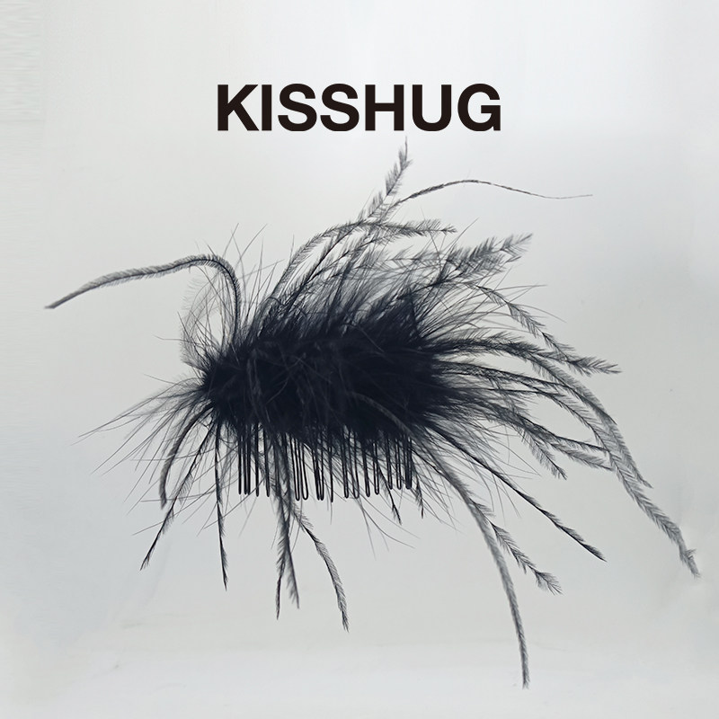 KISSHUG超仙羽毛插梳复古风高级感鸵鸟毛发梳新款蓬松感侧夹发饰