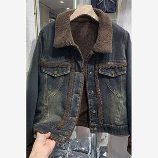 欧货加绒牛仔外套女2024秋冬新款港风短款上衣羊羔毛内里派克服潮