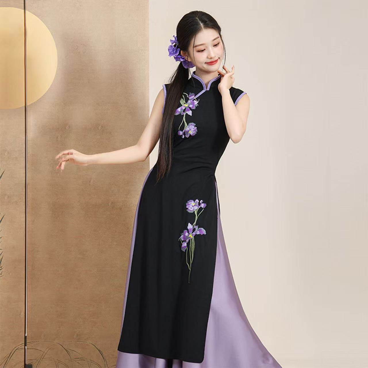 新中式黑色刺绣连衣裙女复古修身显瘦气质旗袍中国风花卉刺绣,女装/女士精品,民族服装/舞台装,淘宝优惠券,粉丝福利购,淘宝优惠卷