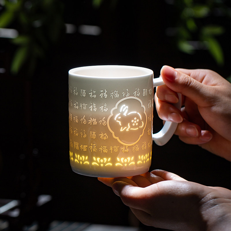 景德镇陶瓷茶杯茶水分离办公杯子生肖玲珑瓷水杯大容量过滤泡茶杯