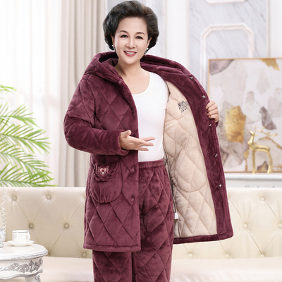 加长款连帽秋冬季夹棉睡衣女中老年人加厚妈妈珊瑚绒加绒保暖奶奶
