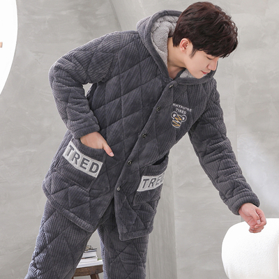 男士珊瑚绒夹棉睡衣加厚加绒