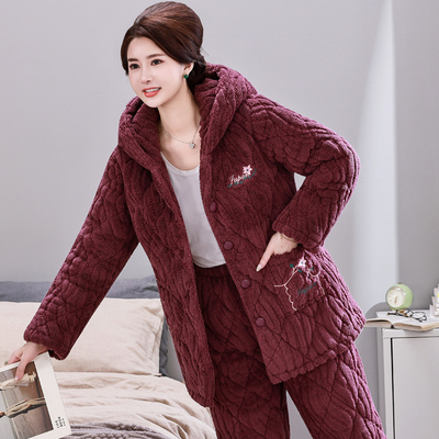 连帽妈妈睡衣三层加厚珊瑚绒夹棉