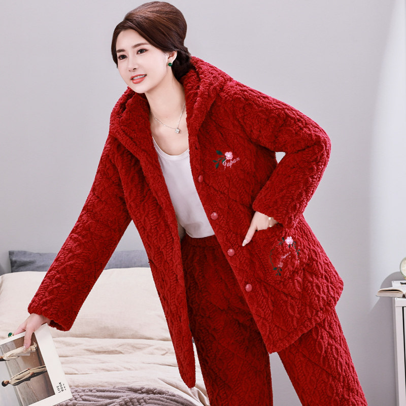 妈妈睡衣女冬三层加厚珊瑚绒夹棉袄加绒中老年人秋冬季保暖家居服