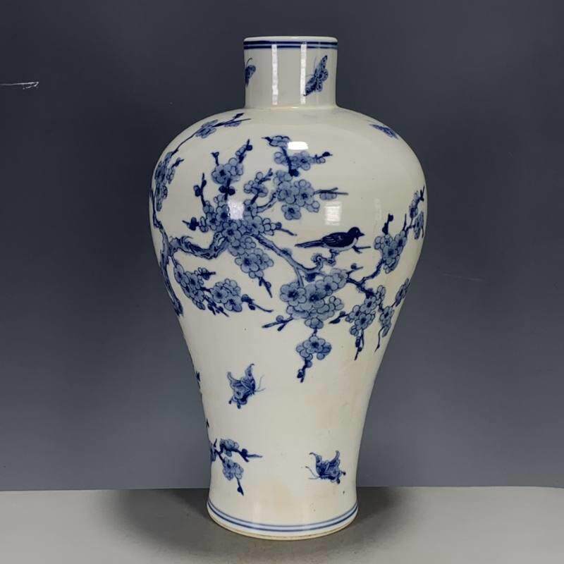 明清古典收藏古玩真品古董清代光绪青花喜上眉梢青花梅瓶花瓶摆件