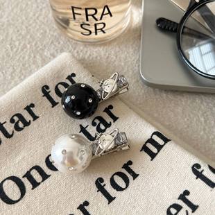 韩版绝美轻奢闪钻珍珠星球发夹气质精致刘海侧边鸭嘴夹发饰2025新