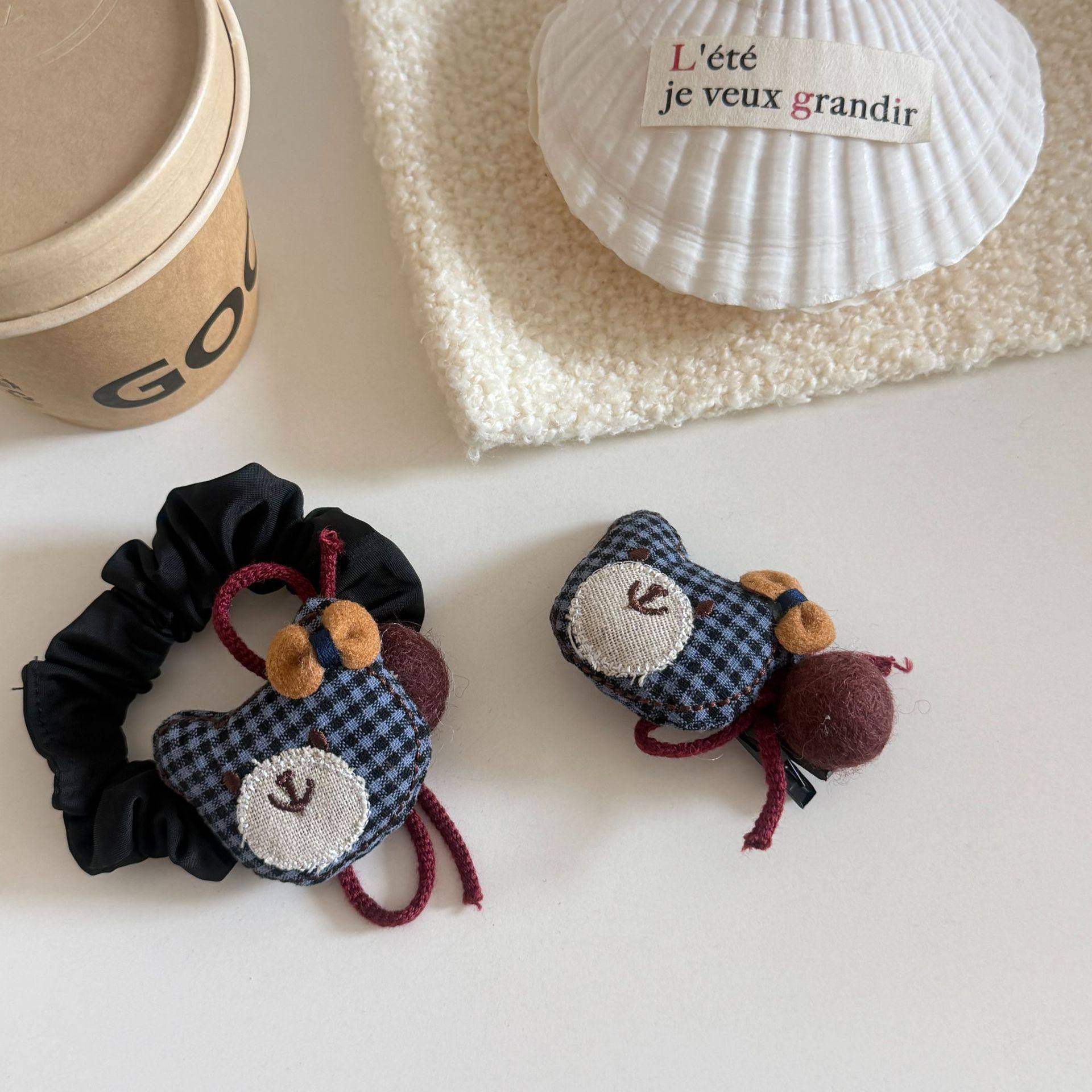 可爱格子发夹小熊蝴蝶结绑带小肠发圈发绳女高弹力头绳简单刘海夹