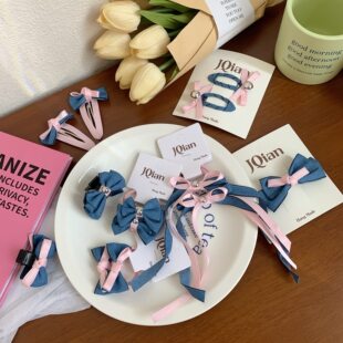 2026夏季新款甜美蓝粉精美蝴蝶结可爱对夹发夹侧边夹抓夹发绳发饰