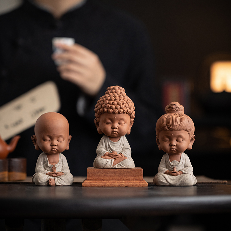 创意陶瓷娑婆三圣茶宠摆件禅意如来茶道摆设可爱宝宝佛茶桌装饰品