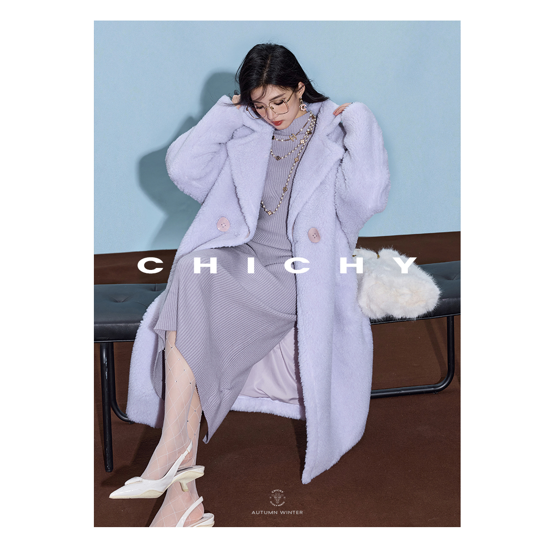CHICHY廓形紫色双面洋气环保皮草外套CW4G002244