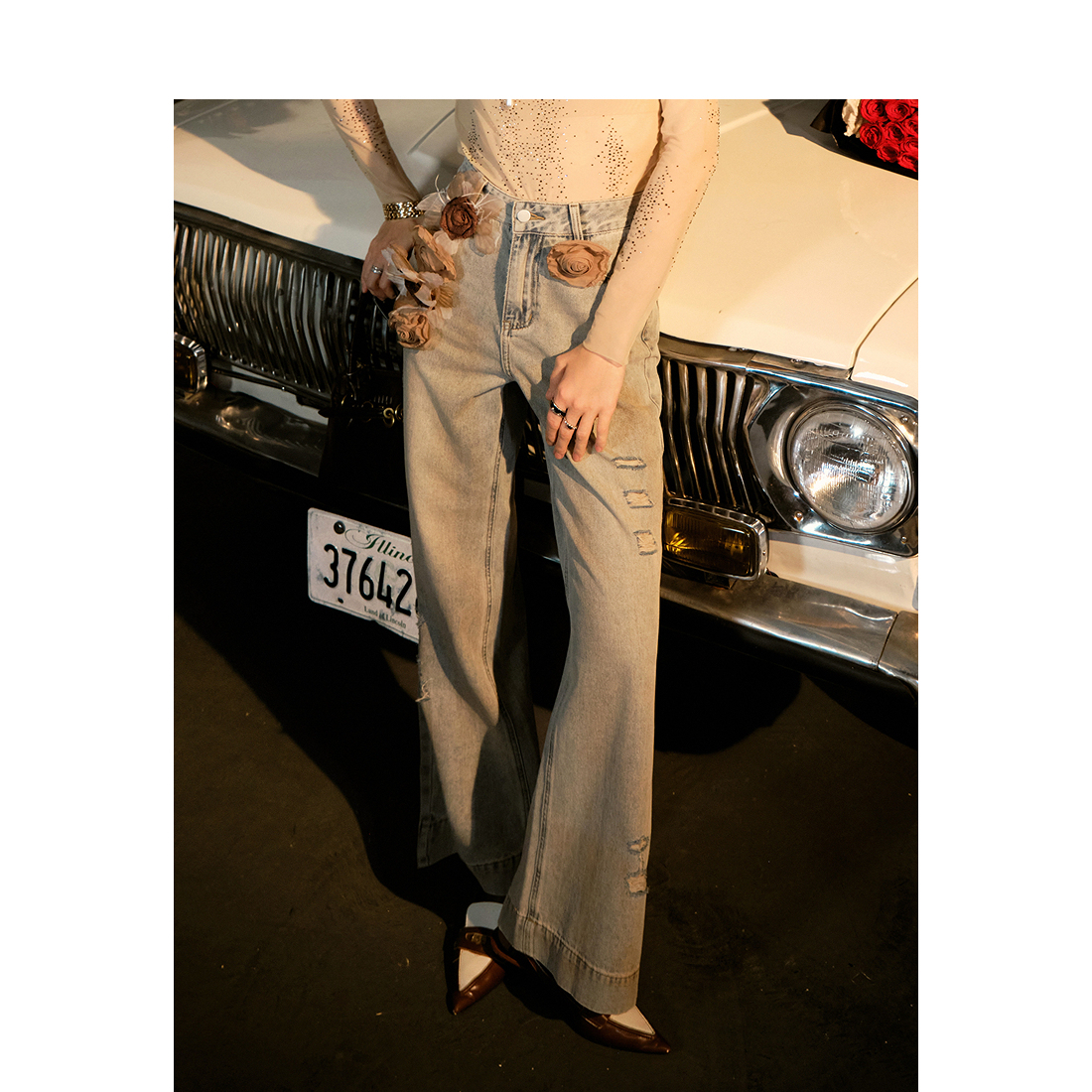 【添添kindiy】CHICHY复古水洗做旧直筒牛仔阔腿长裤CW6J005253