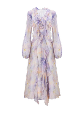 【七七酱直播间】CHICHY洋气紫色长袖雪纺碎花连衣裙CC8F008253