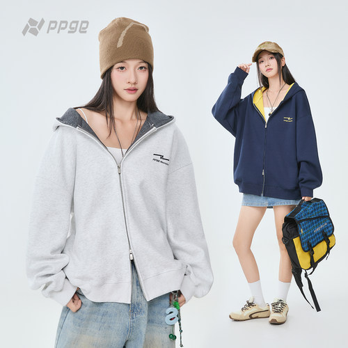 ppge双拉链连帽卫衣时尚男女同款开衫重磅430g宽松美式休闲外套