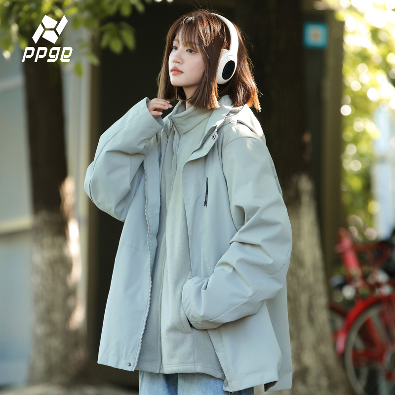 ppge美式户外三合一夹克2025冬季新款防风防泼水保暖连帽登山服女