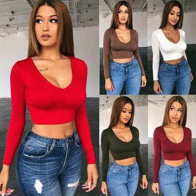 Women Casual Solid Color Long Sleeeve Crop Top Fitness Spor