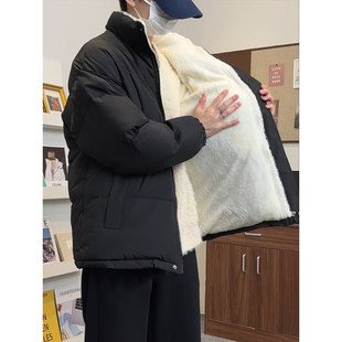 全棉黑色美式羽绒棉服男款冬季加厚立领棉服内里加绒羊羔毛外套面