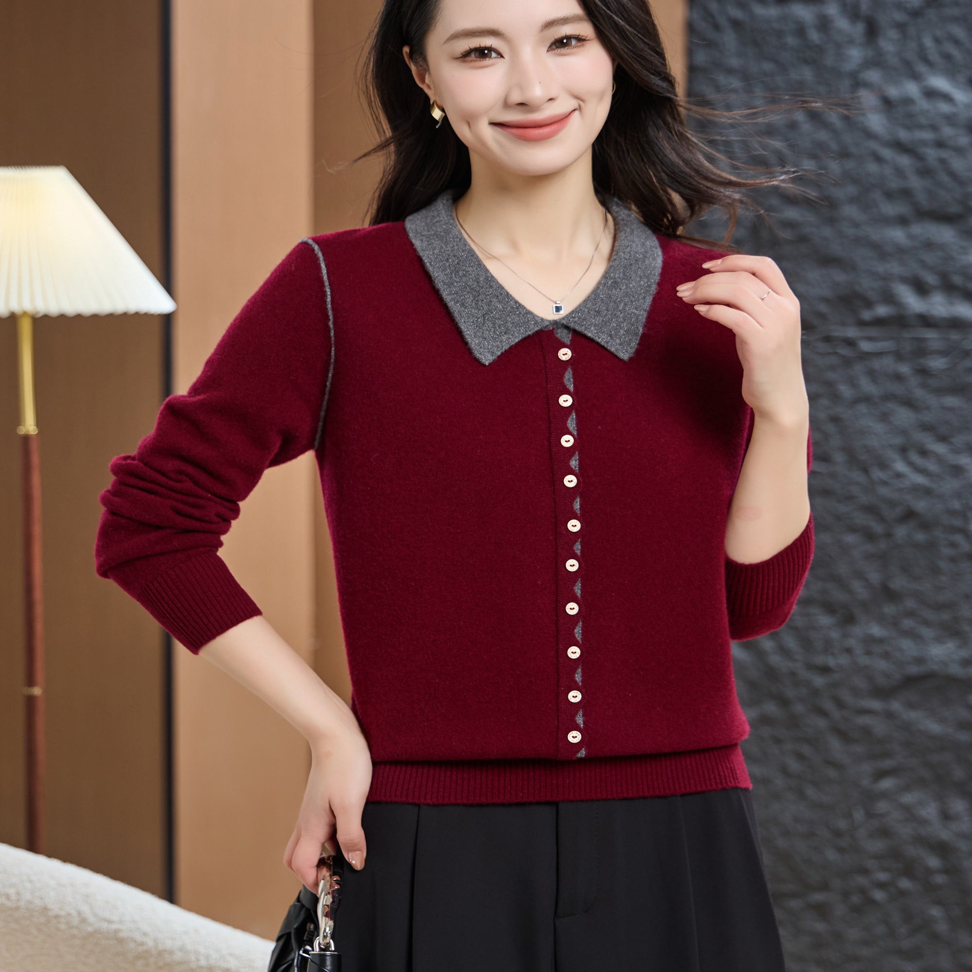 琪飞佳族2025年秋冬季100全羊毛翻领拼色气质羊毛衫女妈妈装