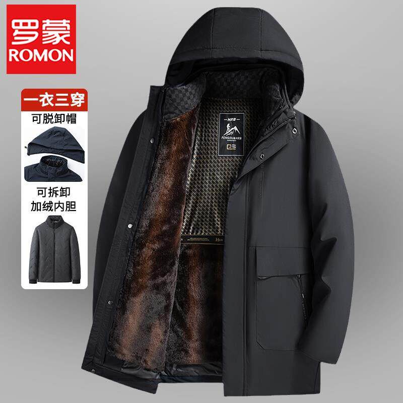 罗蒙爸爸冬装棉衣外套男士加绒加厚保暖帽子内胆可拆卸中老年棉服