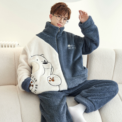 全棉纯棉珊瑚绒睡衣男士秋冬季保暖加绒加厚法兰绒青少年男生卡通