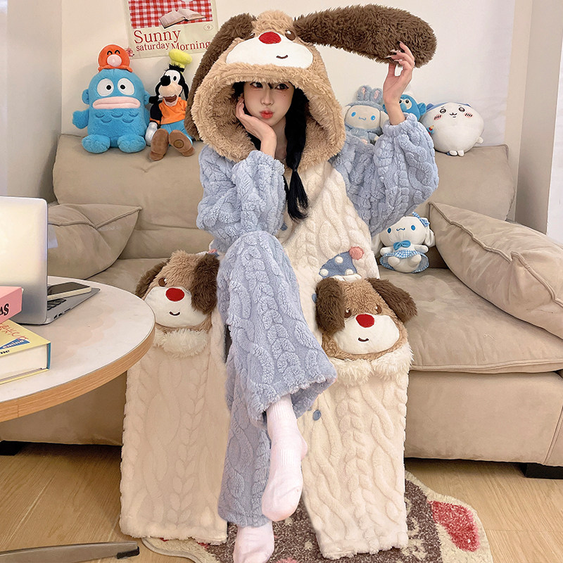 全棉纯棉珊瑚绒睡袍女秋冬季可爱小狗长款加绒加厚可爱睡衣连帽家