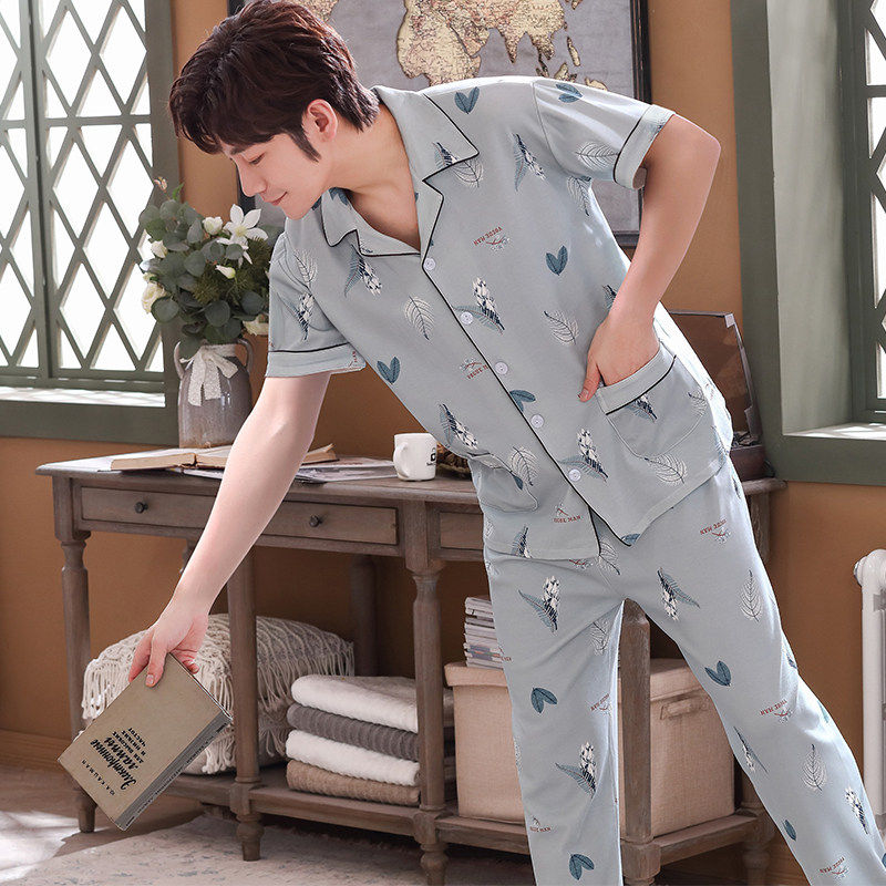全棉纯棉睡衣男夏天纯棉薄款短袖长裤开衫半袖青少中年韩版大码家