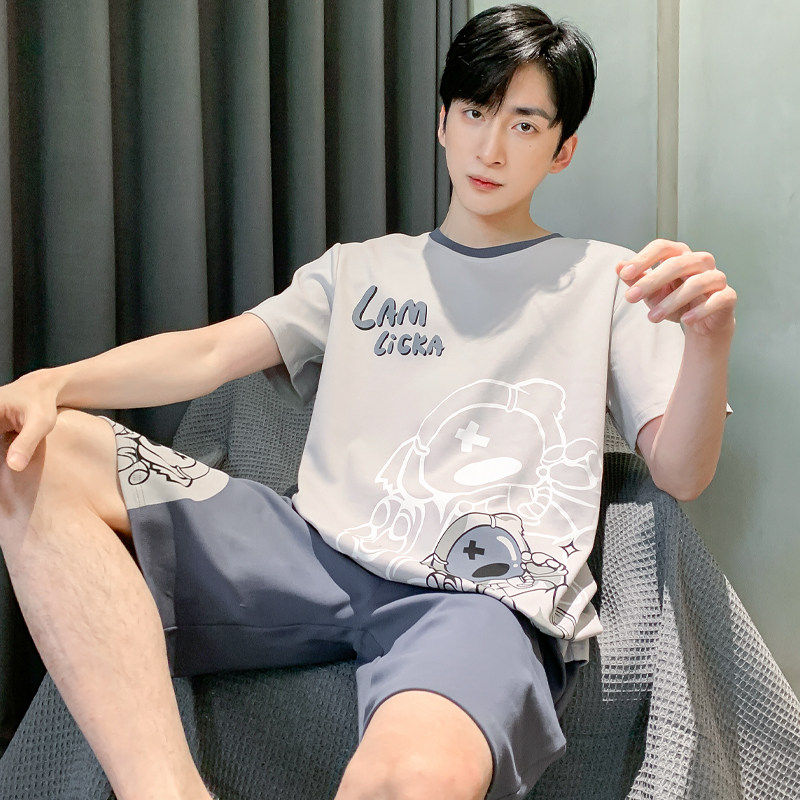 全棉纯棉睡衣男士夏季纯棉短袖短裤卡通青少年初中学生大码夏天家