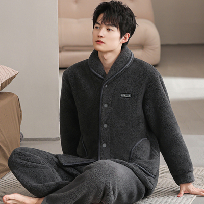 全棉纯棉睡衣男秋冬加厚加绒法兰绒套装珊瑚绒家居服开衫休闲大码