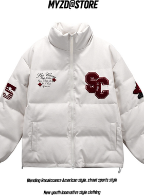 MYZD时尚潮牌美式复古PU皮立领棉服绣花设计感宽松潮面包服外套男