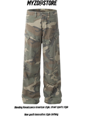MYZD美式高街baggyjeans复古微喇叭迷彩中性工装裤男女cargopants