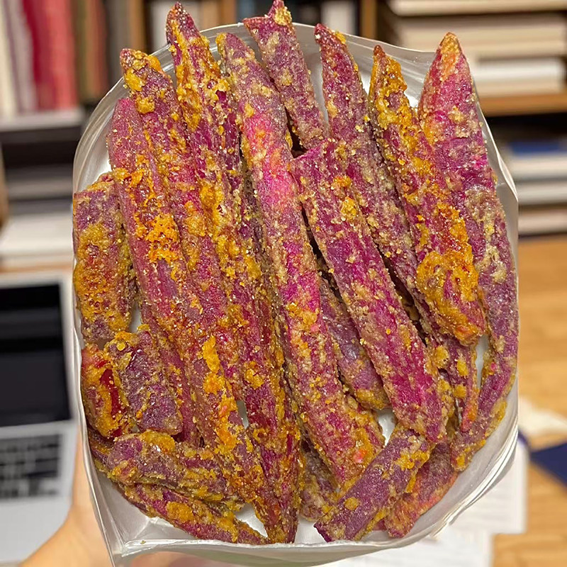 外脆内韧！蟹黄芝士味紫薯条莲木叙地瓜干番薯干香酥网红休闲零食