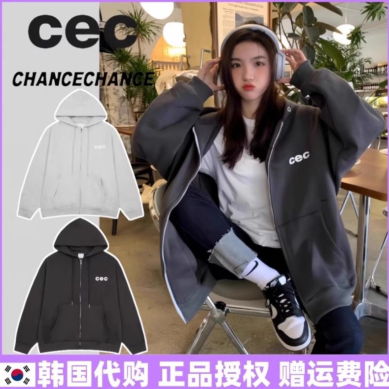 韩国正品cec潮牌拉链开衫连帽卫衣chancechance宽松加绒外套ins