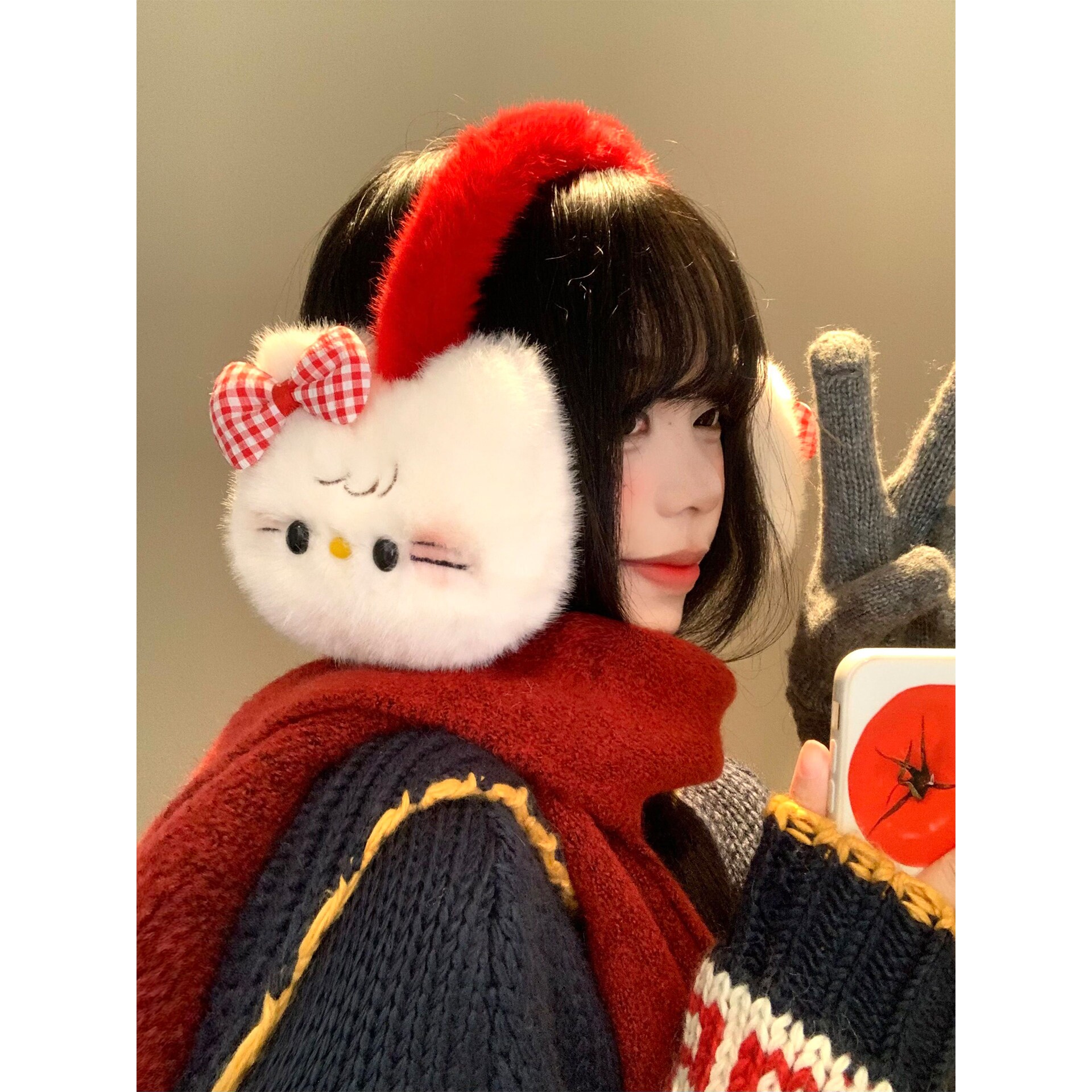 可爱蝴蝶结猫咪毛绒耳罩女秋冬季防寒耳套骑行保暖耳暖耳包耳捂子