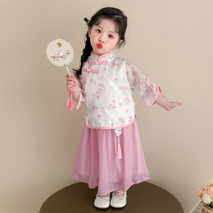 女宝宝夏季新款国风典雅汉服纱裙两件套儿童甜美中式盘扣唐装套装