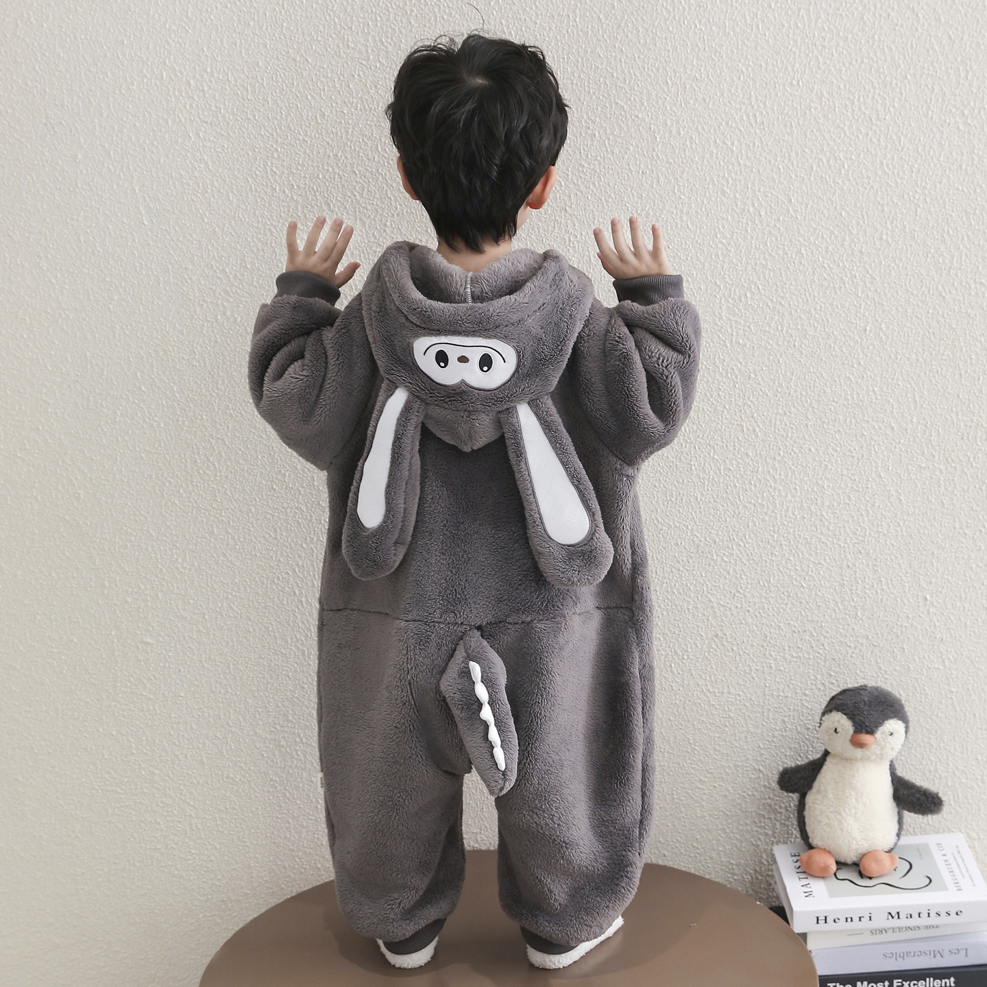 男童冬季新款兔耳考拉绒连体睡衣小男孩保暖拉布布爬服加厚家居服