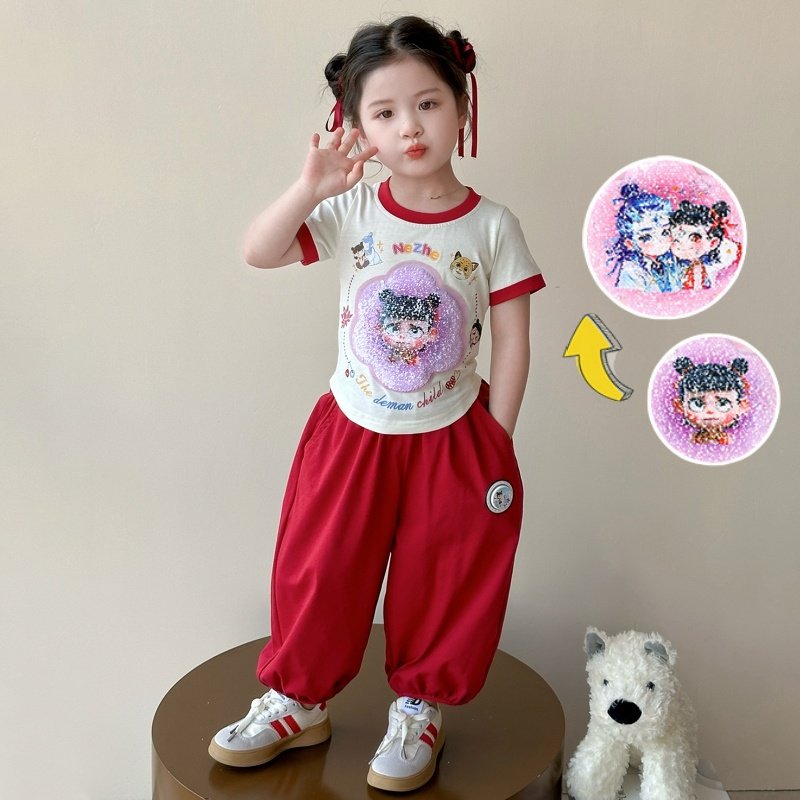 女.童哪吒亮片变脸短袖T恤套装夏季女孩亮灯哪咤敖丙休闲裤两件套