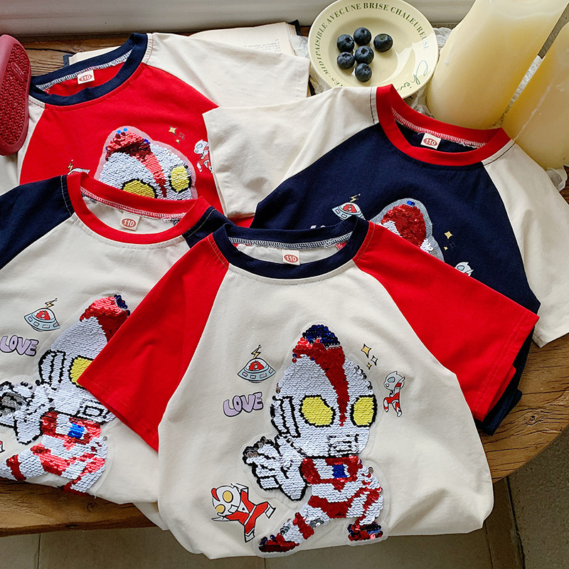 小男孩夏季变脸变色奥特曼短袖2024新款儿 童亮片纯棉拼色T恤上衣